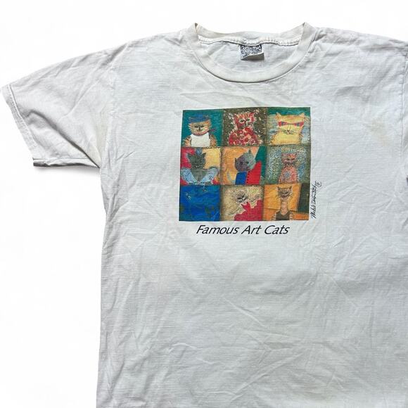 Famous Art Cats Vintage 80s White Cotton USA made T-shirt Large - Picture 2 of 4